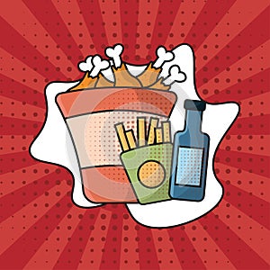 Fried chicken combo pop art. Vector
