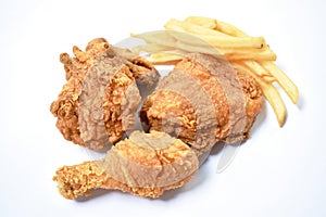 Fried chicken and French fries fast food on white background