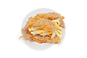 Fried chicken and french fries isolated on a white background