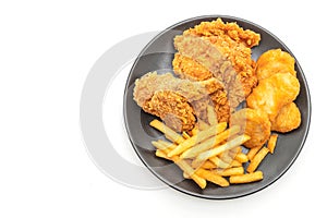 fried chicken with french fries and nuggets meal (junk food and