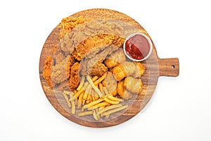 fried chicken with french fries and nuggets meal (junk food and