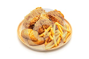 fried chicken with french fries and nuggets meal (junk food and