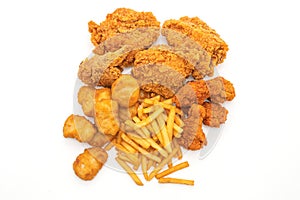 fried chicken with french fries and nuggets meal (junk food and unhealthy food