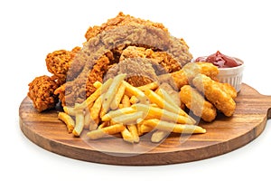 fried chicken with french fries and nuggets meal (junk food and unhealthy food