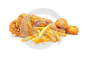 fried chicken with french fries and nuggets meal (junk food and unhealthy food