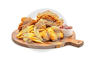 fried chicken with french fries and nuggets meal (junk food and unhealthy food