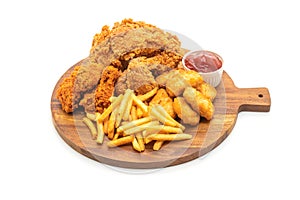 fried chicken with french fries and nuggets meal (junk food and unhealthy food