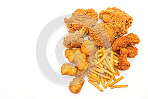 fried chicken with french fries and nuggets meal (junk food and unhealthy food