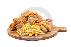 fried chicken with french fries and nuggets meal (junk food and unhealthy food