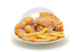 fried chicken with french fries and nuggets meal (junk food and unhealthy food