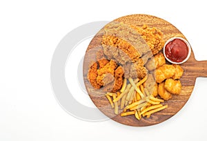 Fried chicken with french fries and nuggets meal (junk food and unhealthy food)