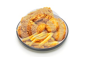 fried chicken with french fries and nuggets meal (junk food and unhealthy food