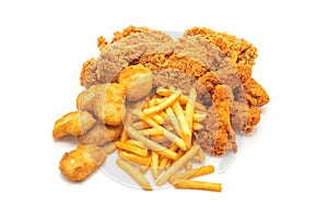 fried chicken with french fries and nuggets meal (junk food and unhealthy food