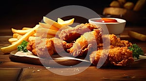 Fried chicken with french fries and nuggets meal - junk food and unhealthy food on wooden table. Generative Ai