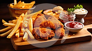 Fried chicken with french fries and nuggets meal - junk food and unhealthy food on wooden table. Generative Ai