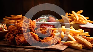 Fried chicken with french fries and nuggets meal - junk food and unhealthy food on wooden table. Generative Ai