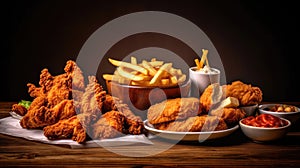 Fried chicken with french fries and nuggets meal - junk food and unhealthy food on wooden table. Generative Ai