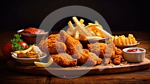 Fried chicken with french fries and nuggets meal - junk food and unhealthy food on wooden table. Generative Ai