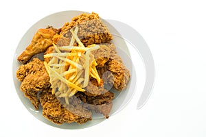 Fried chicken and french fries in white plate