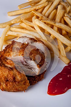 Fried Chicken and fried potato with chilli sauce