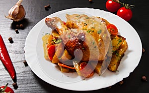 Fried chicken legs with carrots, onions and potatoes served on a white plate