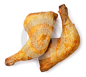 Fried chicken legs on a white background. Top view