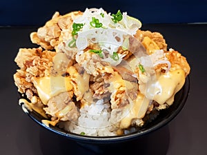 Fried chicken with mayonnaise sauce and rice on dish