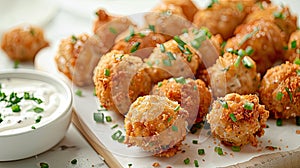 fried chicken meatballs paired with creamy ranch dressing, showcased on a white wooden board against the backdrop of a