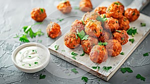 fried chicken meatballs paired with creamy ranch dressing, showcased on a white wooden board against the backdrop of a