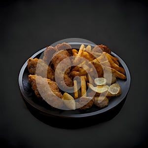 Fried chicken nuggets with french fries on a black plate on a black background