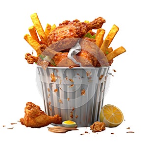 Fried chicken nuggets and french fries in a bucket, delivery fast foods