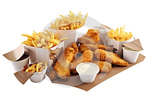 Fried chicken nuggets Hamburger and french fries in box,