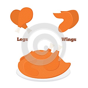 Fried chicken parts - leg, wings. Tasty fast food. Whole meat