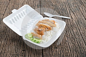 Fried chicken with rice in foam box