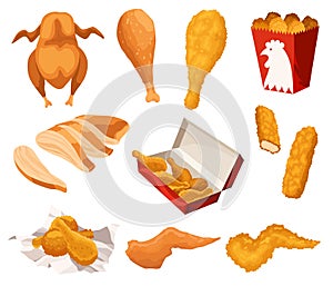 Fried chicken set. Crispy fried chicken pieces isolated on white background. Beautiful delicious in cartoon style. Fresh
