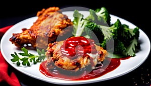 fried chicken thighs with sauce on a white background, the plate fits into a frame with free space