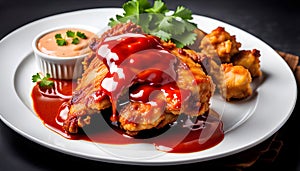 fried chicken thighs with sauce on a white background, the plate fits into a frame with free space