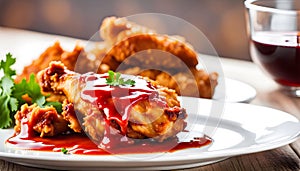 fried chicken thighs with sauce on a white background, the plate fits into a frame with free space