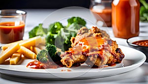 fried chicken thighs with sauce on a white background, the plate fits into a frame with free space