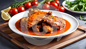 fried chicken thighs with sauce on a white background, the plate fits into a frame with free space