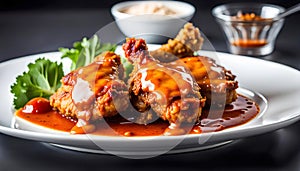 fried chicken thighs with sauce on a white background, the plate fits into a frame with free space photo