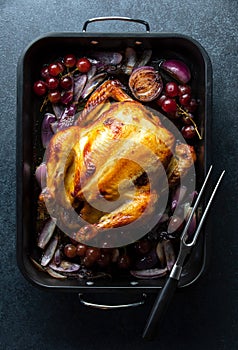 Fried chicken or turkey in a dark baking tray, top-down view
