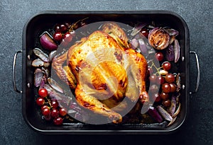 Fried chicken or turkey in a dark baking tray, top-down view