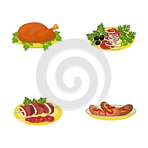 Fried chicken, vegetable salad, shish kebab with vegetables, fried sausages on a plate. Food and Cooking set collection