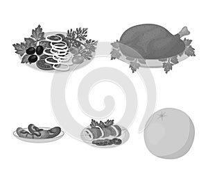 Fried chicken, vegetable salad, shish kebab with vegetables, fried sausages on a plate. Food and Cooking set collection