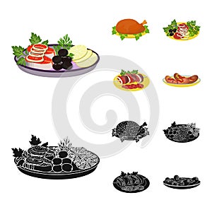 Fried chicken, vegetable salad, shish kebab with vegetables, fried sausages on a plate. Food and Cooking set collection