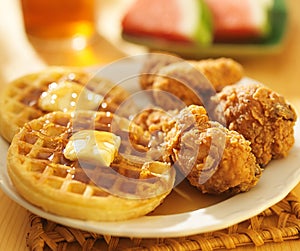 Fried chicken and waffles with watermelon