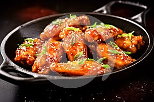 Fried chicken wings glazed in honey sauce on a black pan. American cuisine.