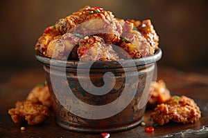 Fried Chicken wings and legs. Bucket full of crispy kentucky fried chicken on brown background