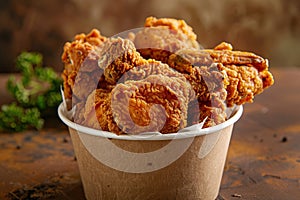 Fried Chicken wings and legs. Bucket full of crispy kentucky fried chicken on brown background